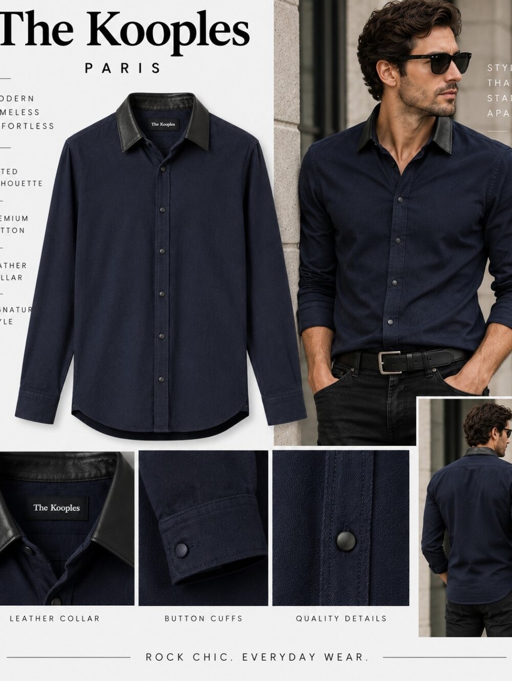 The Kooples Fitted Navy Cotton Shirt Leather Collar Men’s L